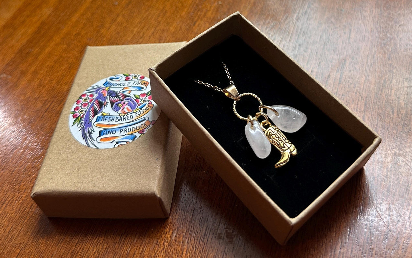 Double Milky Quartz & Golden Cowboy Boot Necklace