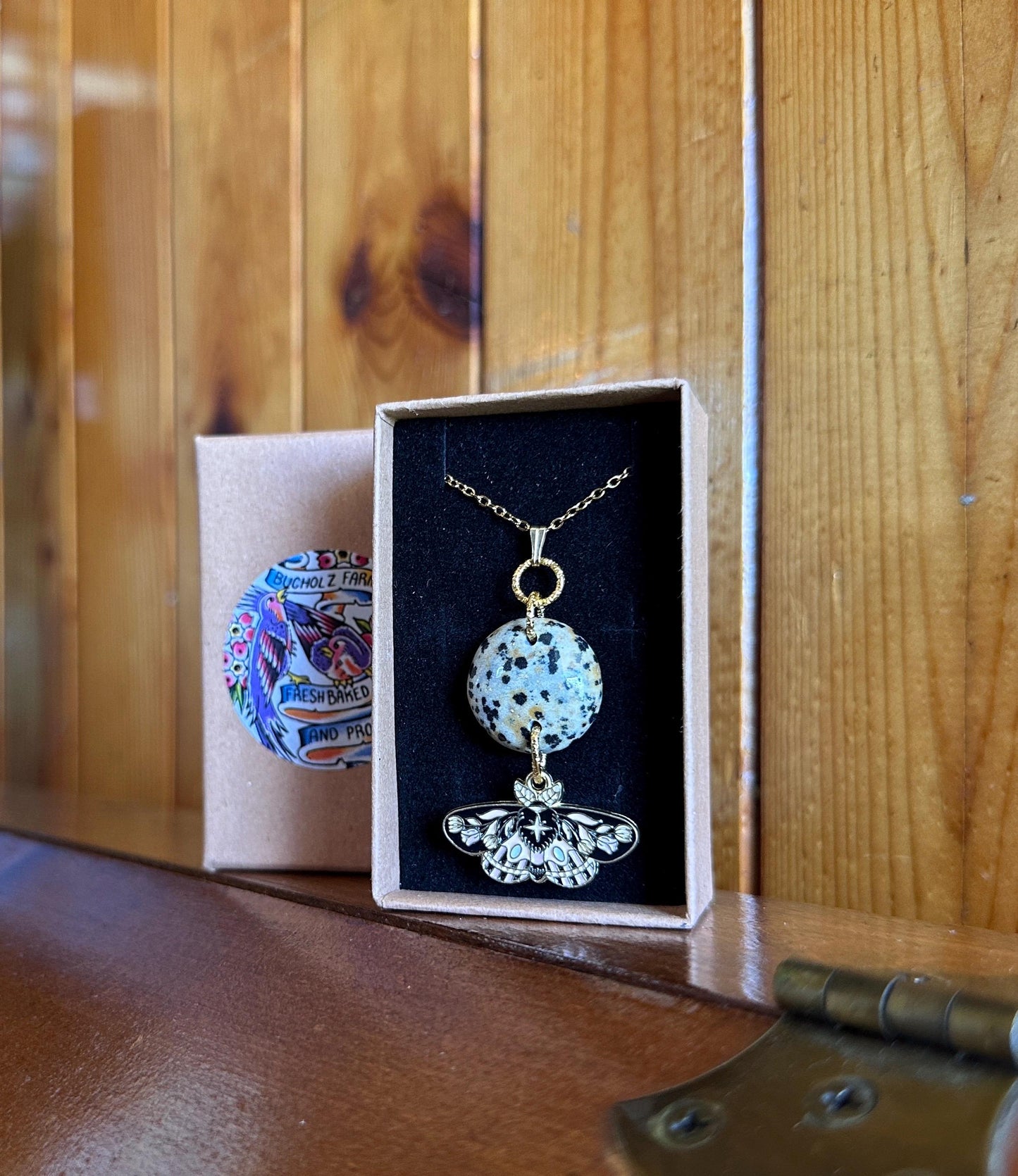 Dalmatian Jasper & Floral Moth Necklace