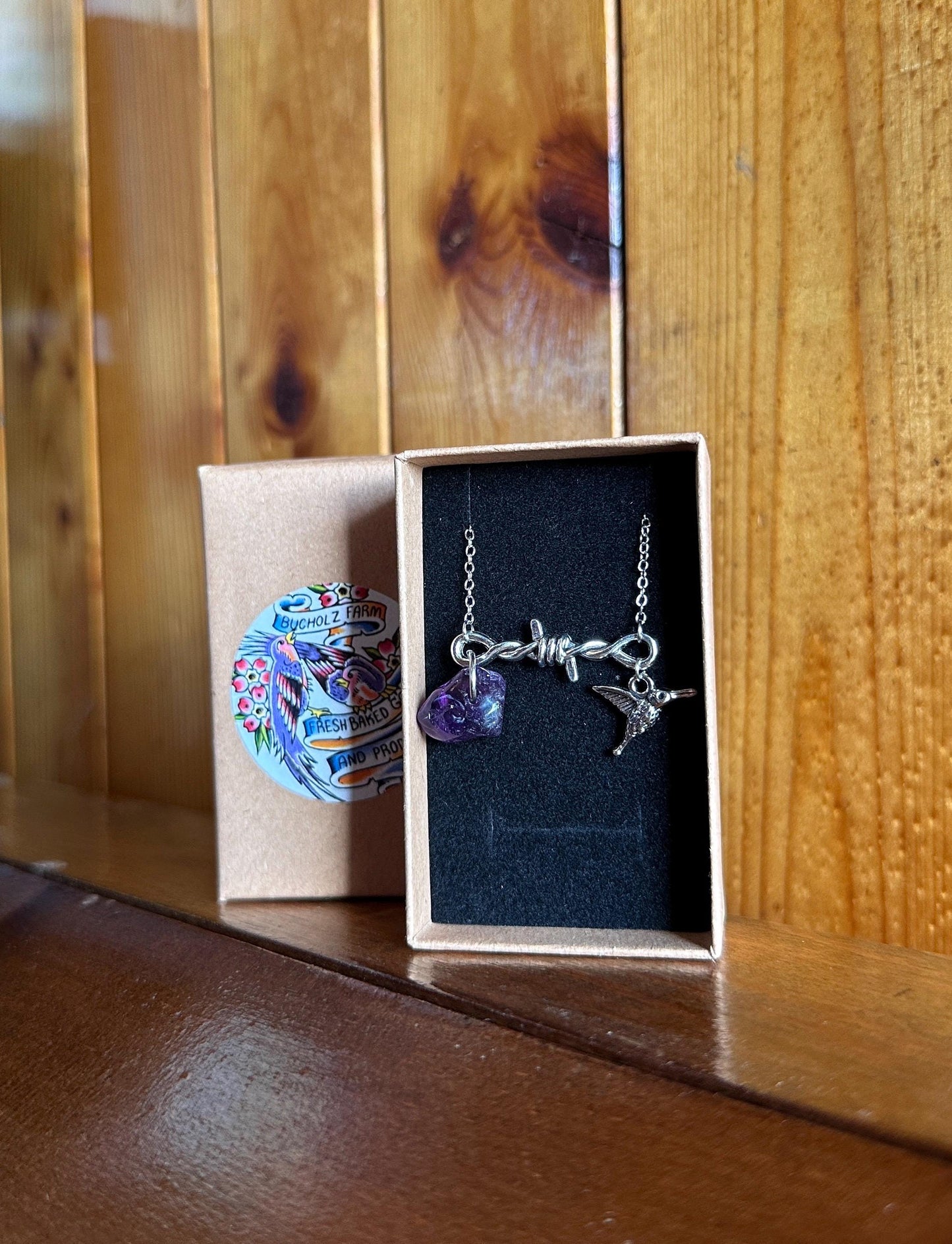 Amethyst, Barbed Wire & Hummingbird Necklace