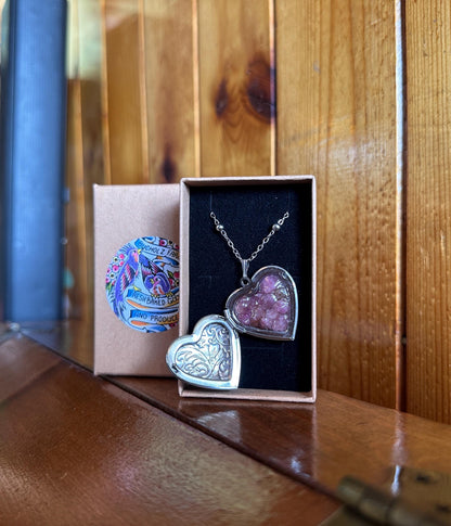 Pink Tourmaline Encased in Floral Heart Locket