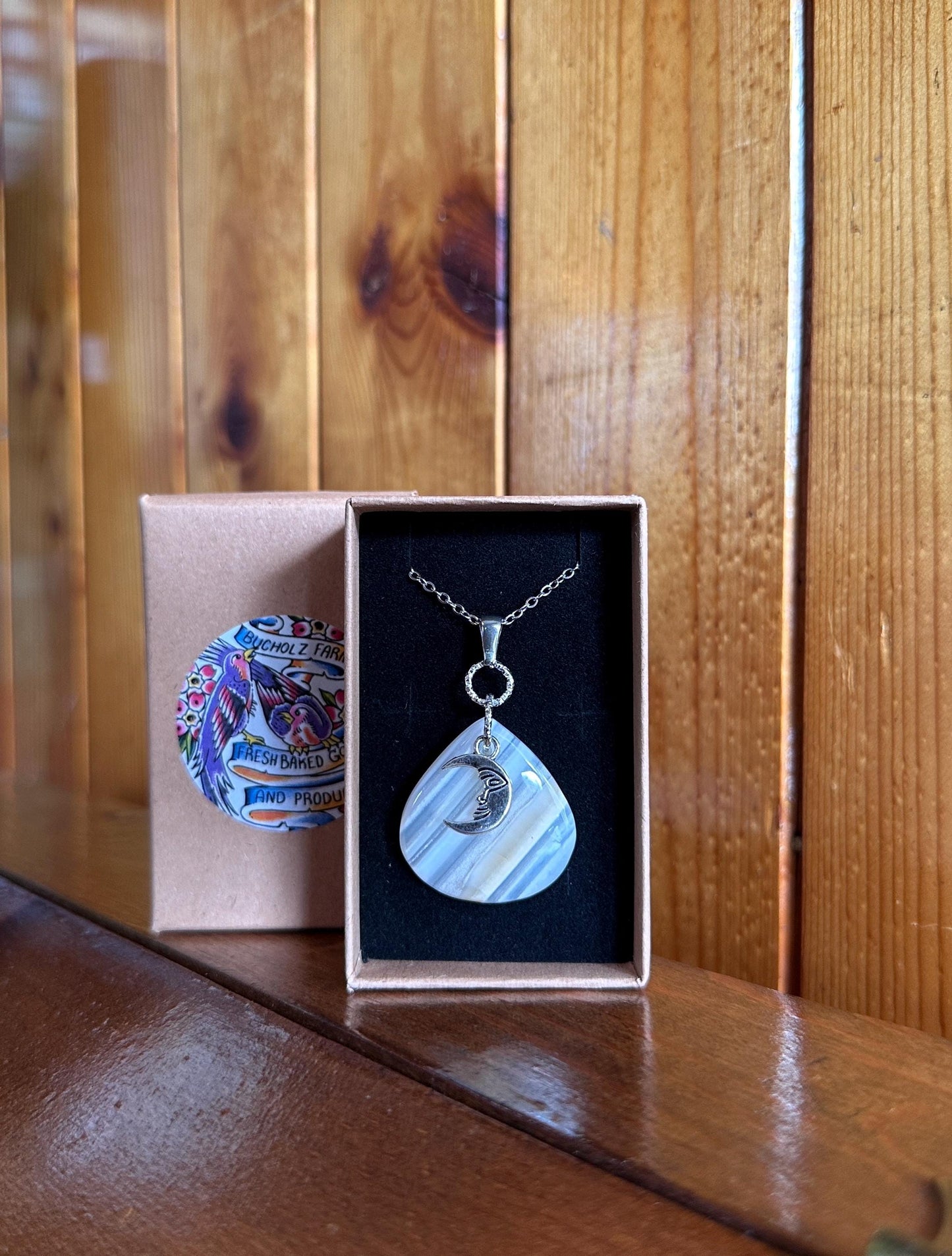 White Banded Agate & Crescent Moon Necklace