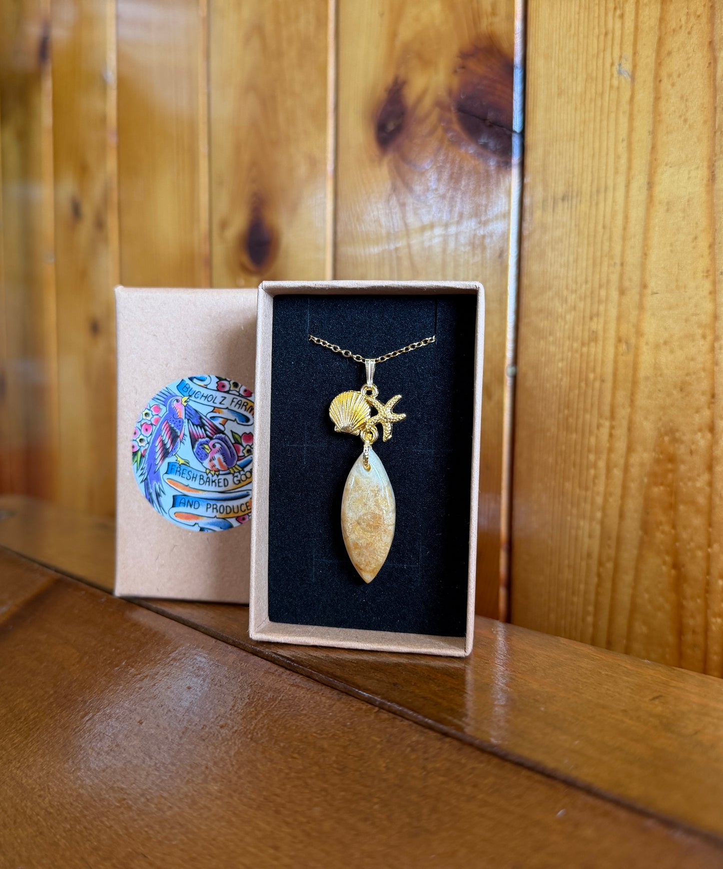 Fossil Coral Cabochon + Shell & Starfish Necklace