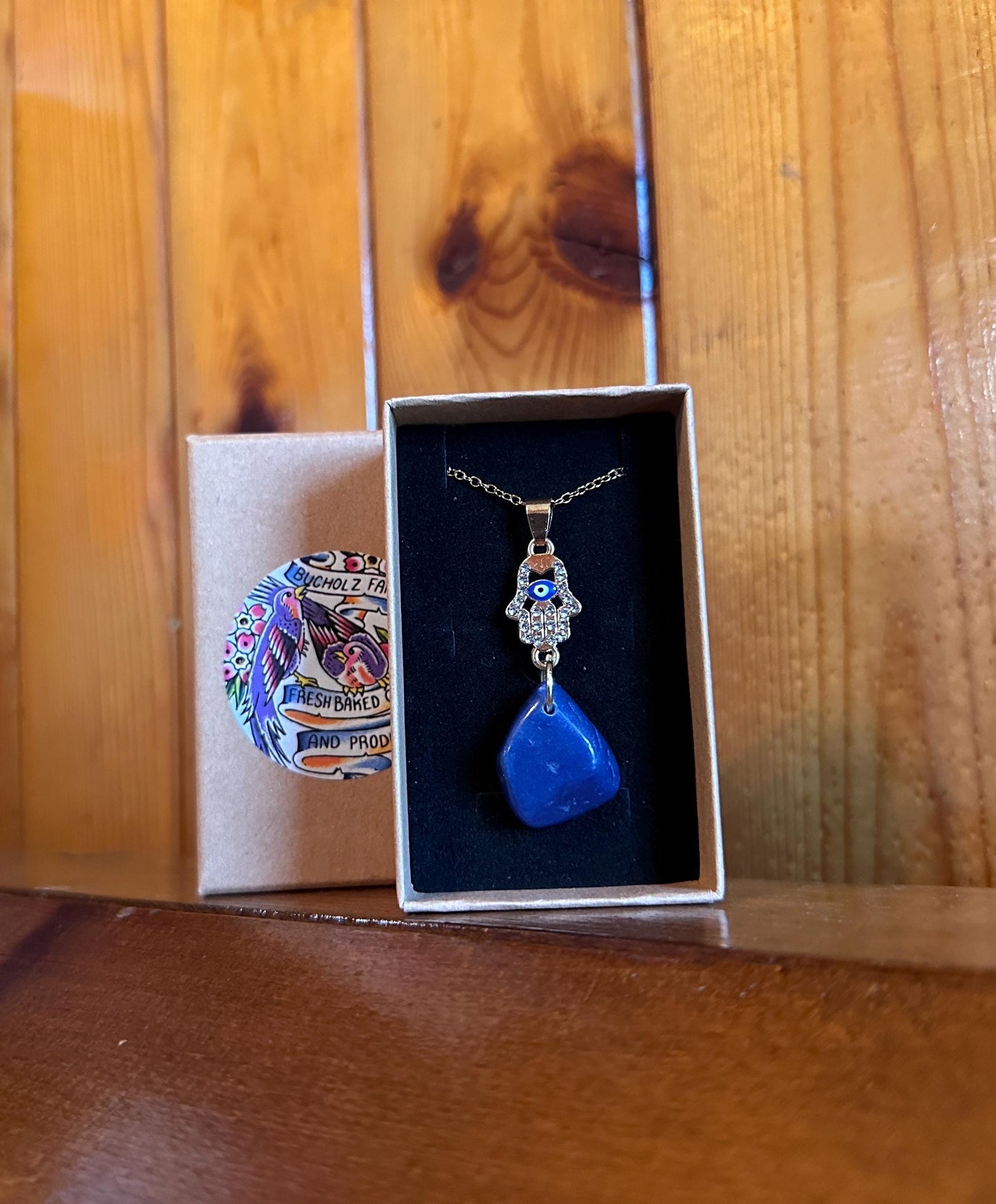 Hamsa Hand, Evil Eye Blue Agate Necklace