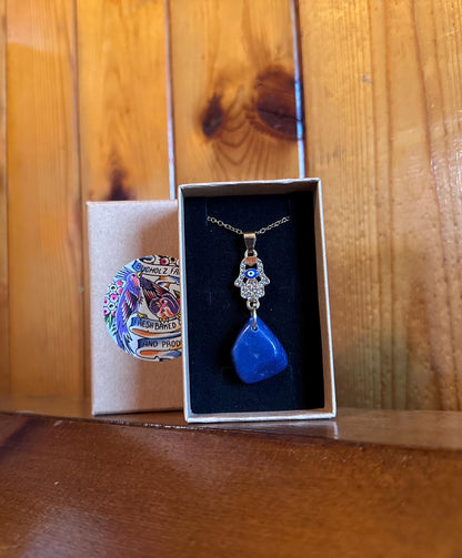 Hamsa Hand, Evil Eye Blue Agate Necklace