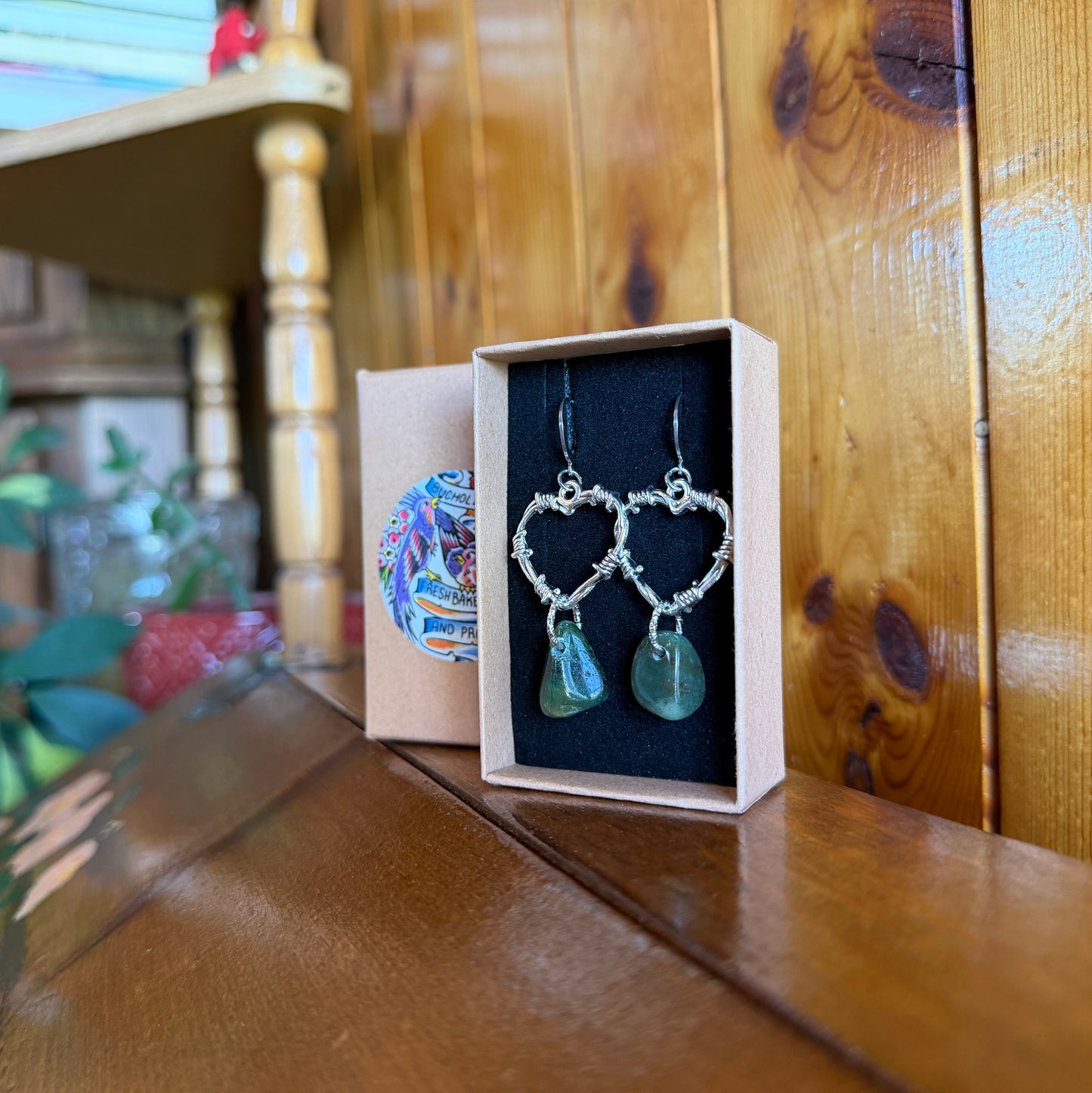 Green Strawberry Quartz Barbed Wire Heart Earrings