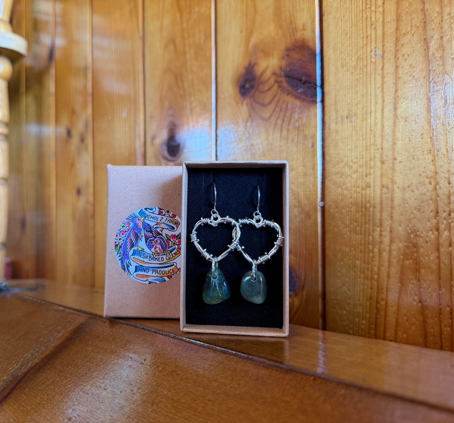 Green Strawberry Quartz Barbed Wire Heart Earrings