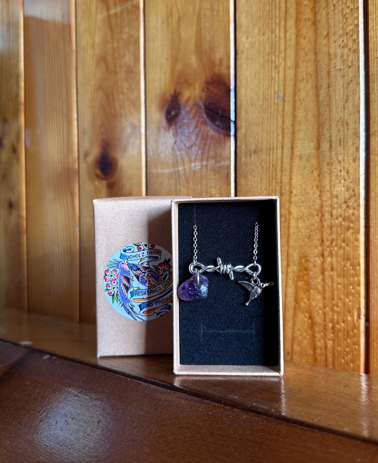 Amethyst, Barbed Wire & Hummingbird Necklace