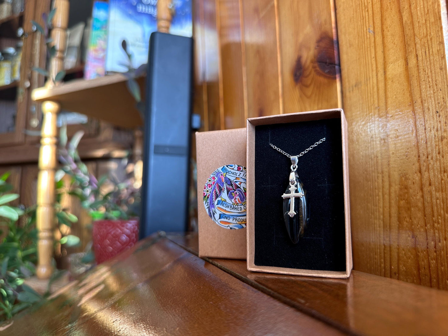 Blue Tigers Eye (Hawkes Eye) & Cross Necklace