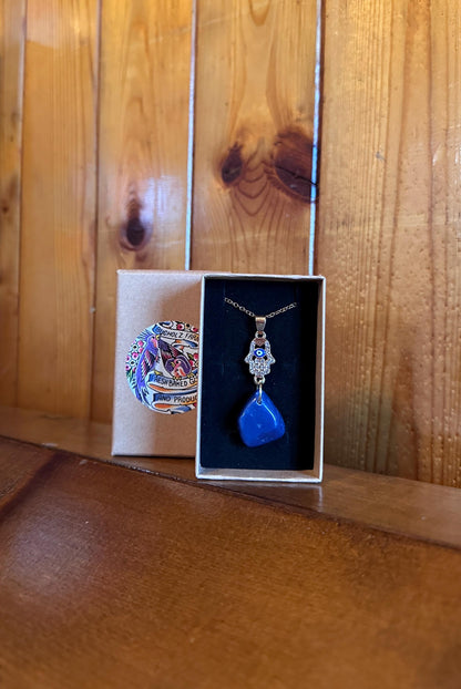 Hamsa Hand, Evil Eye Blue Agate Necklace
