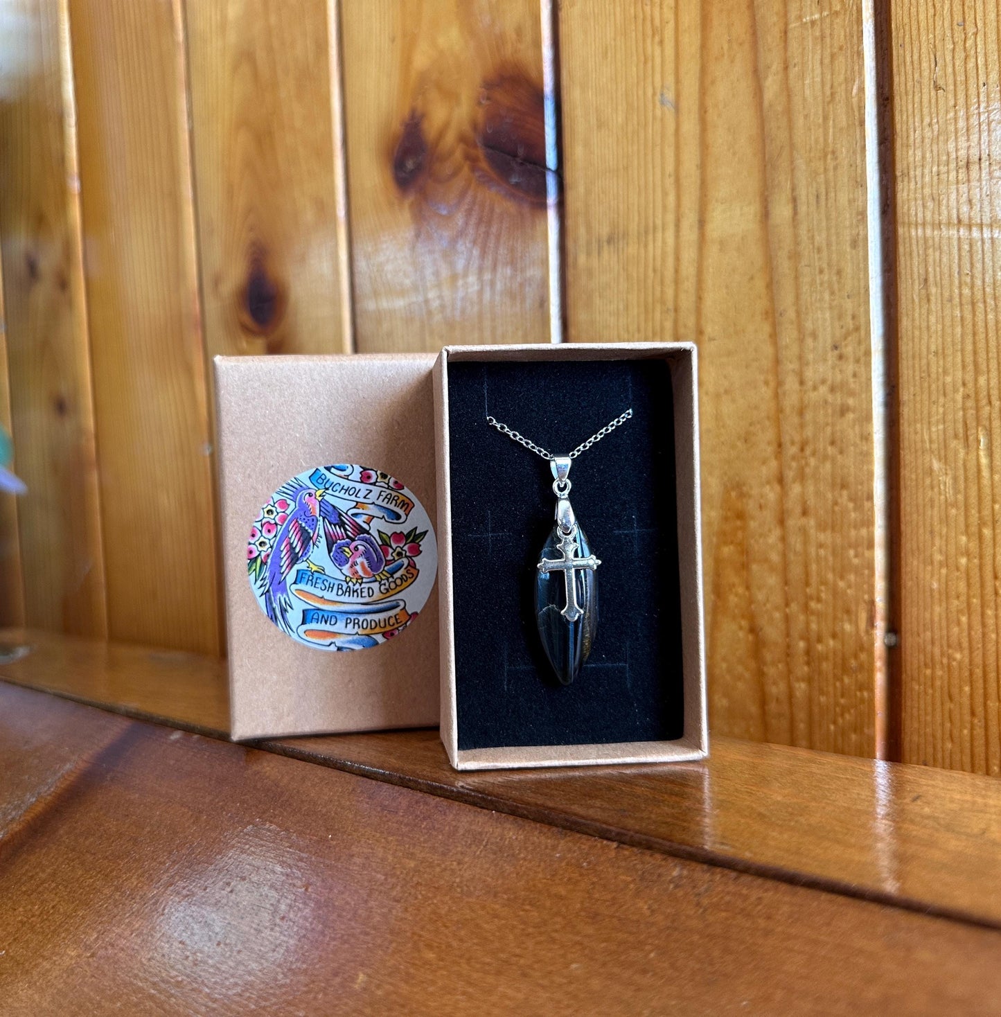 Blue Tigers Eye (Hawkes Eye) & Cross Necklace