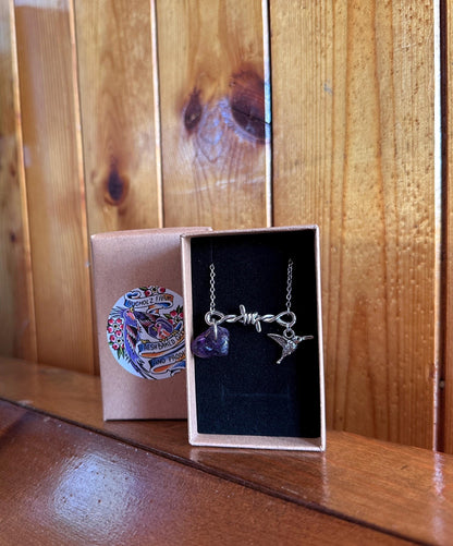 Amethyst, Barbed Wire & Hummingbird Necklace