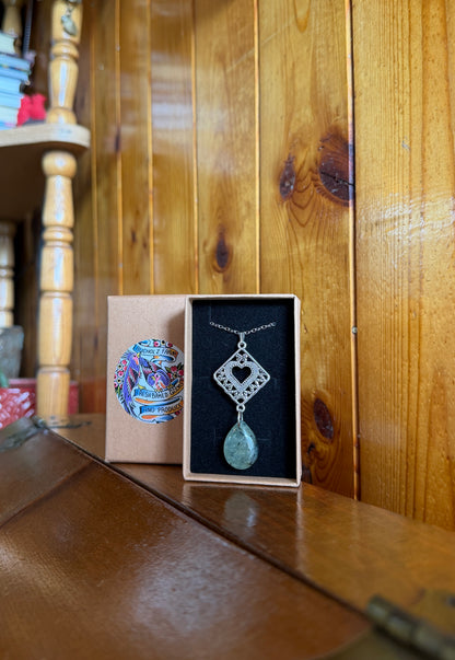 Prehnite & Silver Heart Plate Drop Necklace