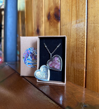 Pink Tourmaline Encased in Floral Heart Locket