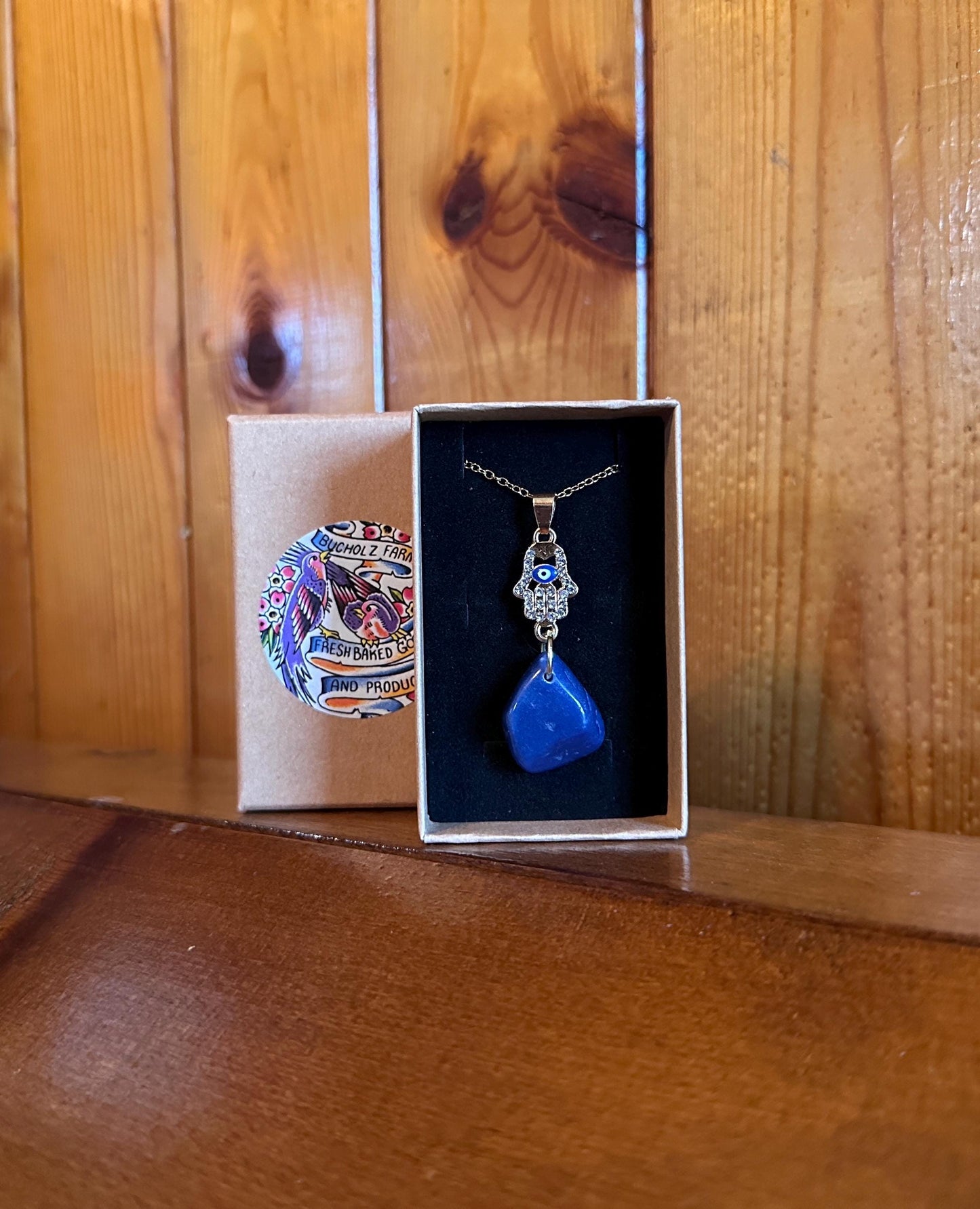 Hamsa Hand, Evil Eye Blue Agate Necklace