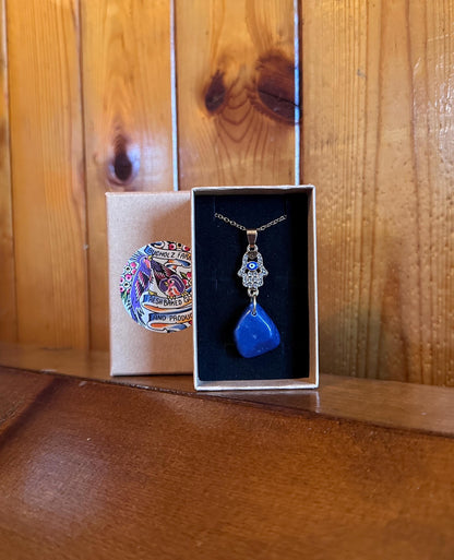 Hamsa Hand, Evil Eye Blue Agate Necklace