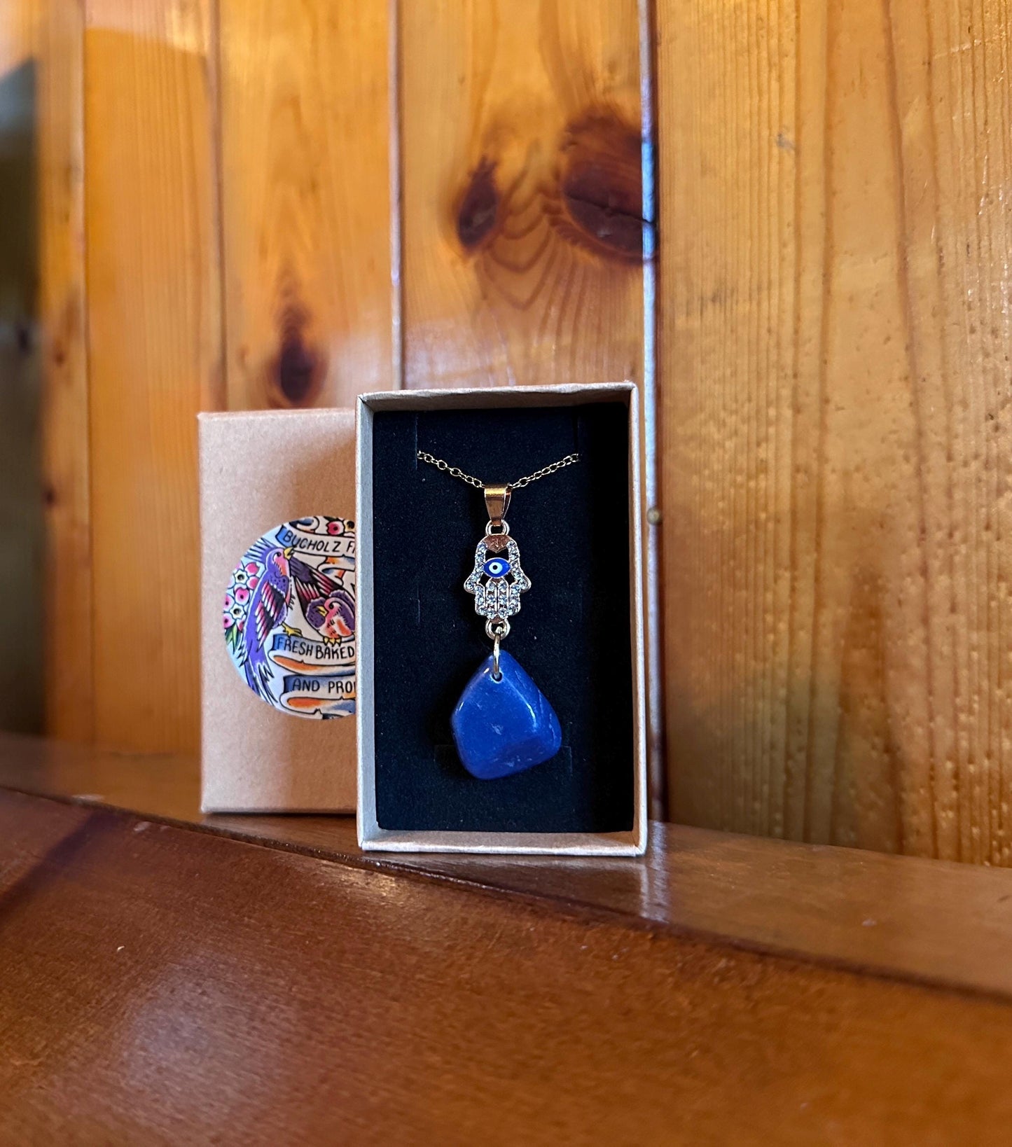 Hamsa Hand, Evil Eye Blue Agate Necklace