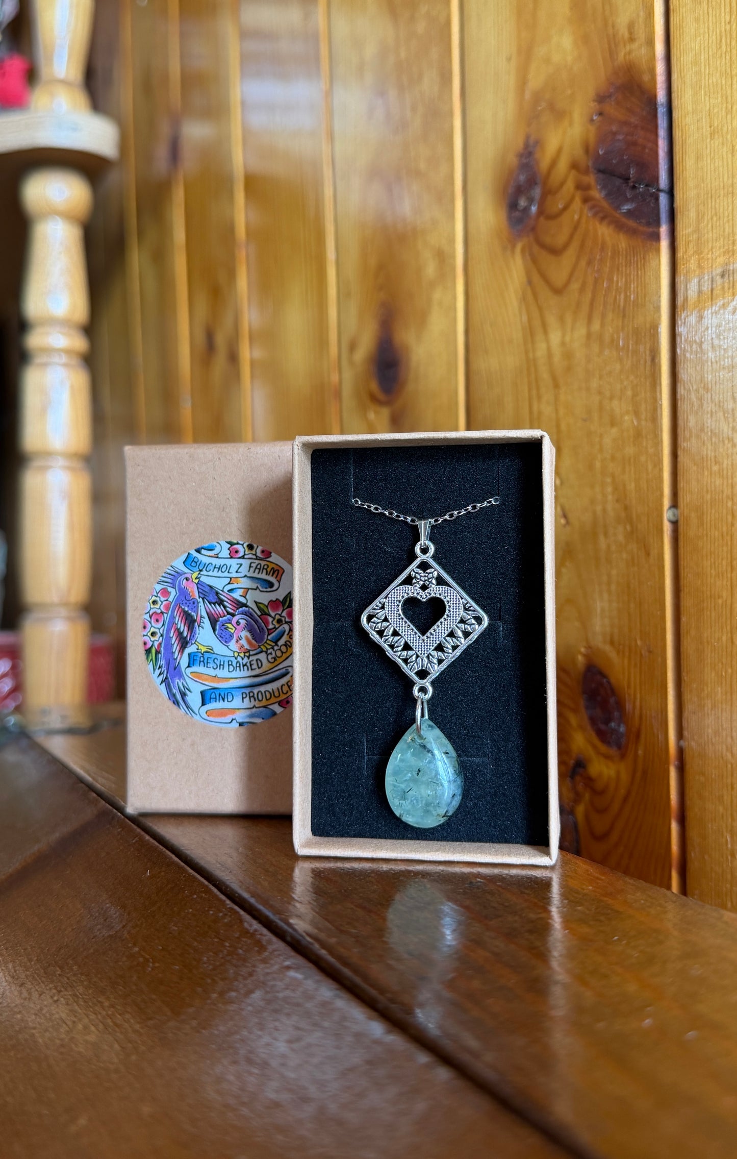 Prehnite & Silver Heart Plate Drop Necklace