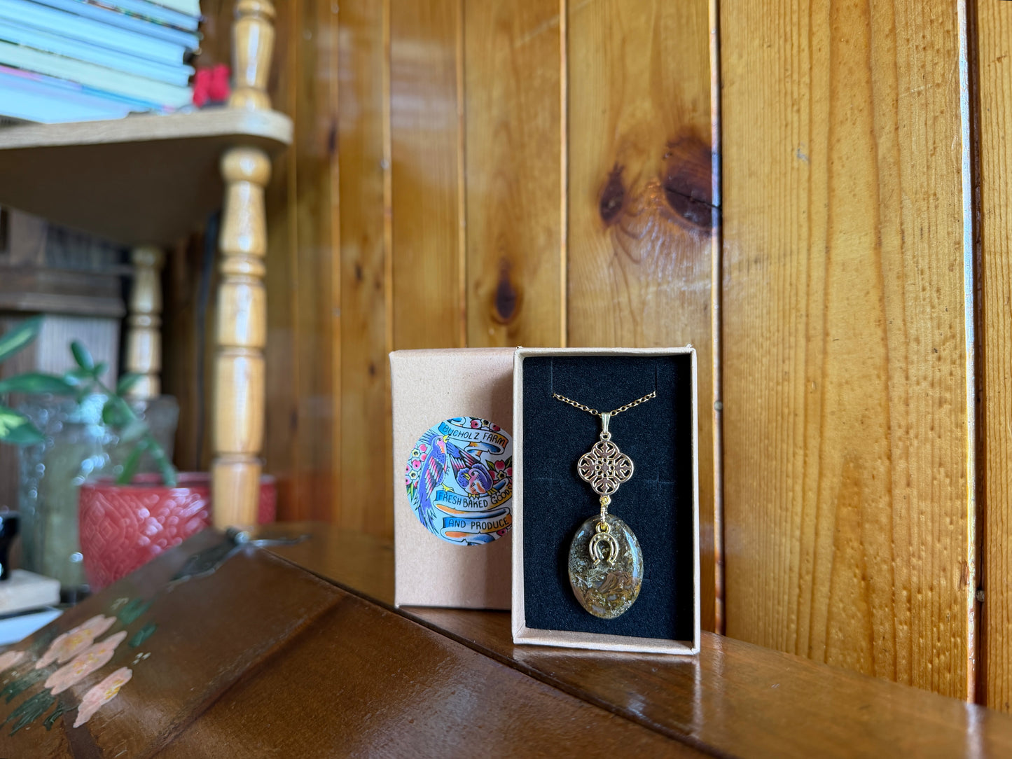 Moss Agate Cabochon & Horseshoe Necklace