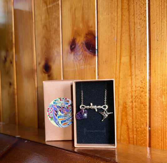 Amethyst, Barbed Wire & Hummingbird Necklace