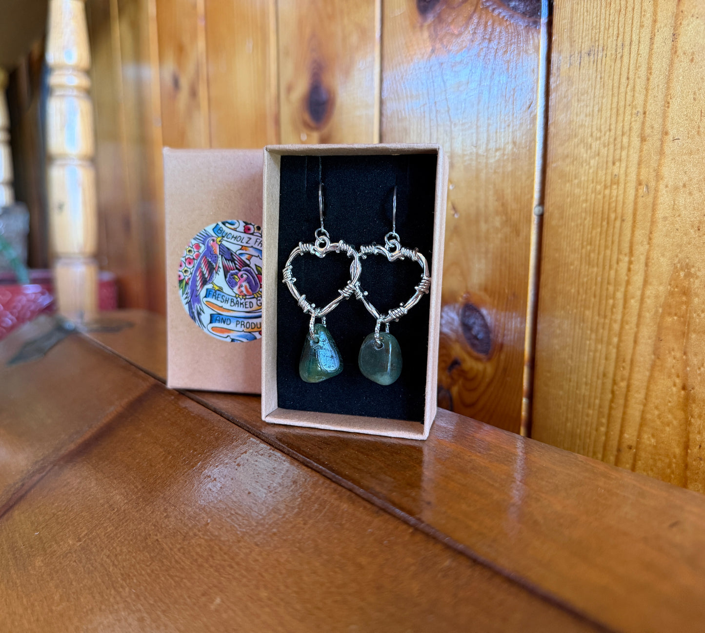 Green Strawberry Quartz Barbed Wire Heart Earrings
