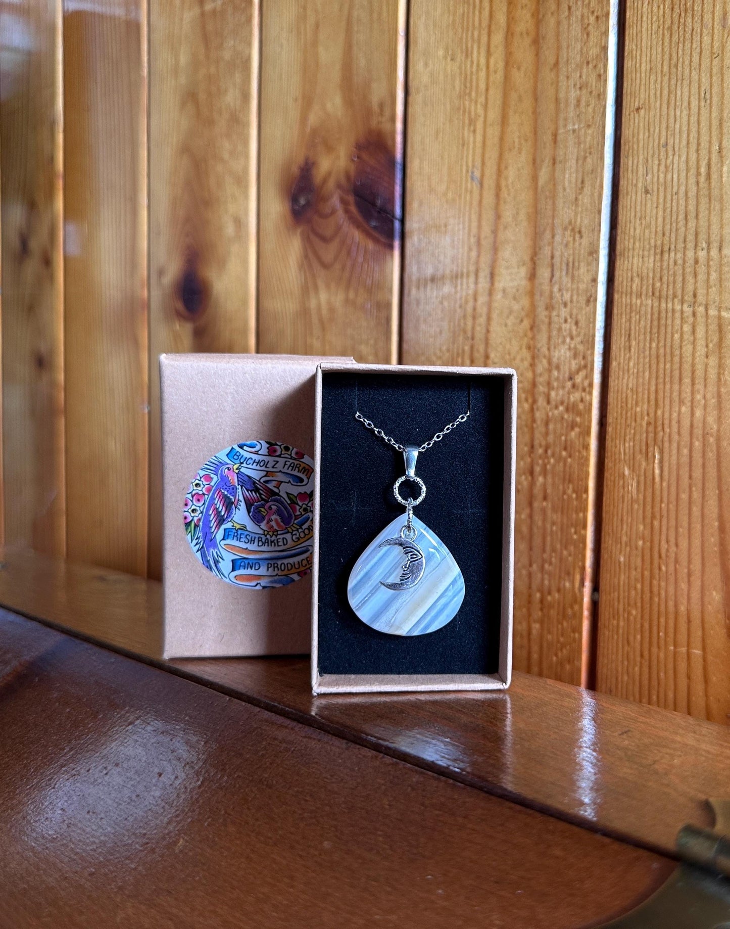 White Banded Agate & Crescent Moon Necklace