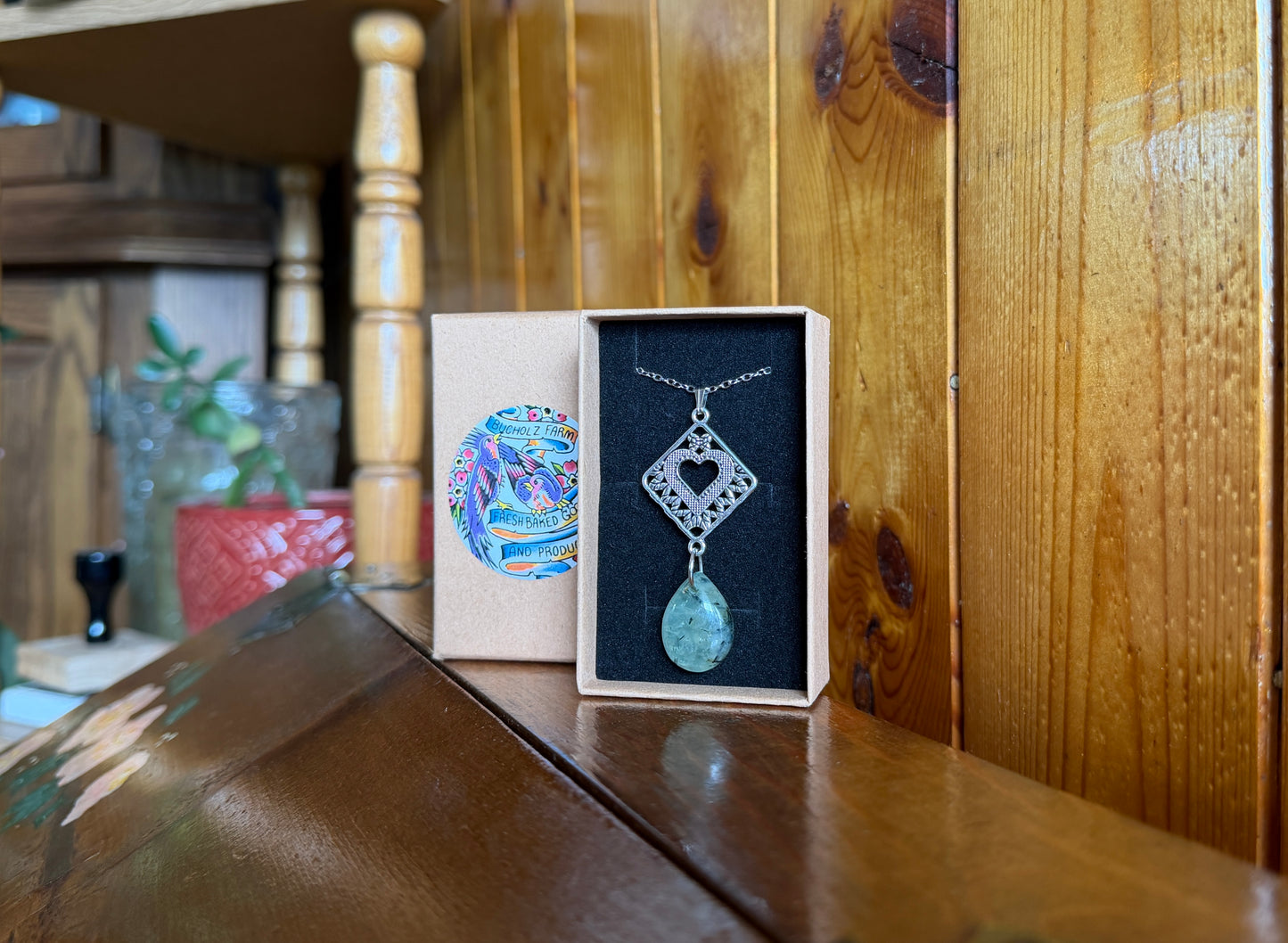 Prehnite & Silver Heart Plate Drop Necklace