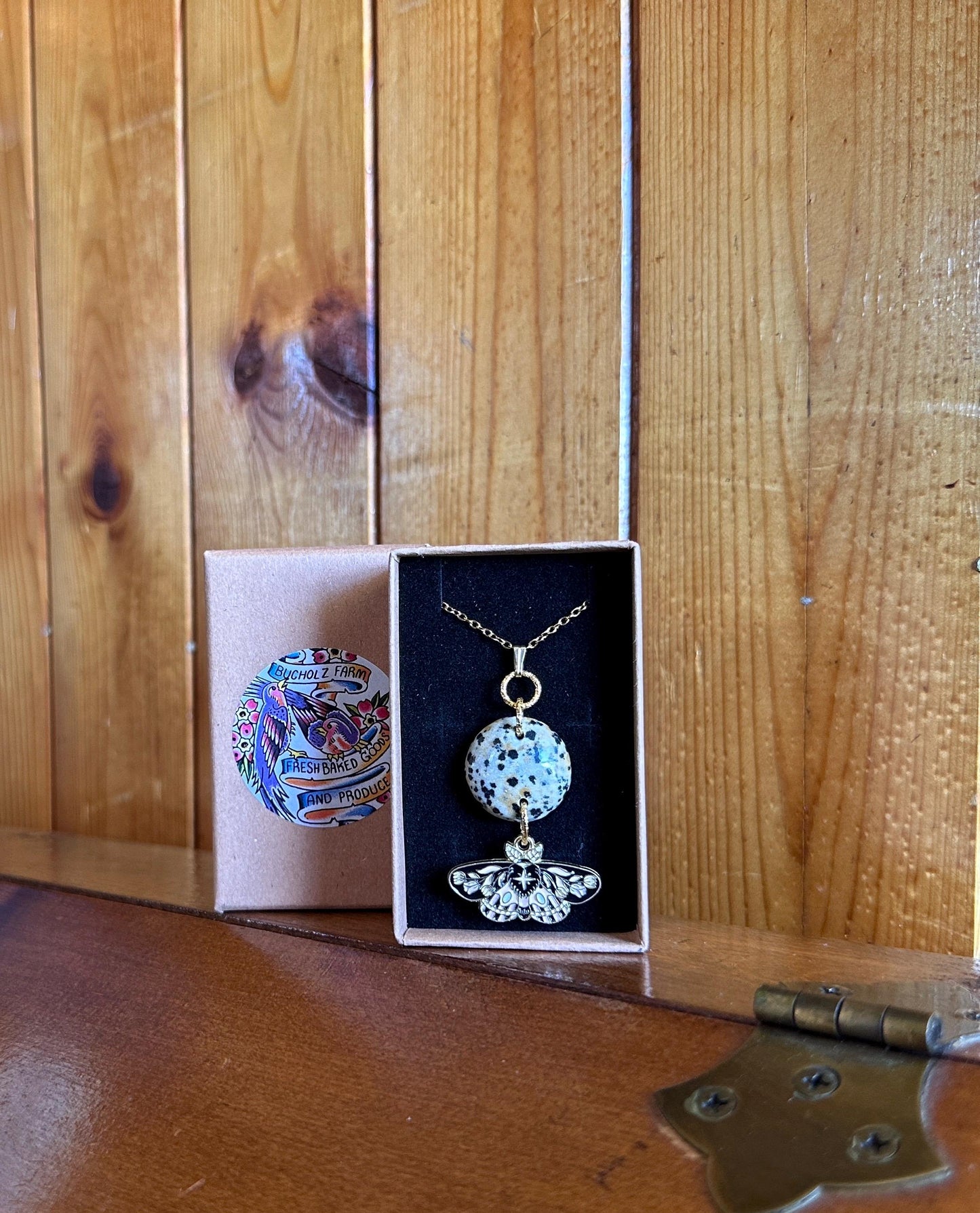 Dalmatian Jasper & Floral Moth Necklace