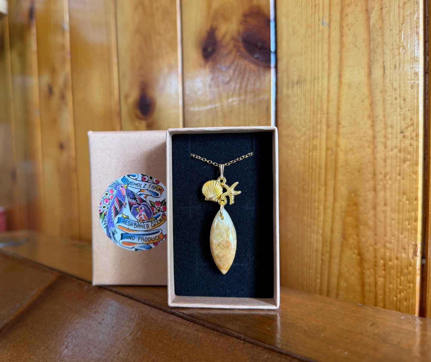 Fossil Coral Cabochon + Shell & Starfish Necklace