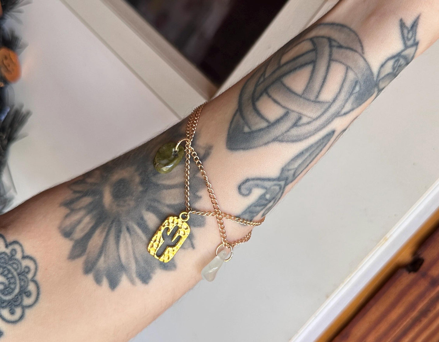 Nephrite Jade, Moonstone & Cactus Bracelet