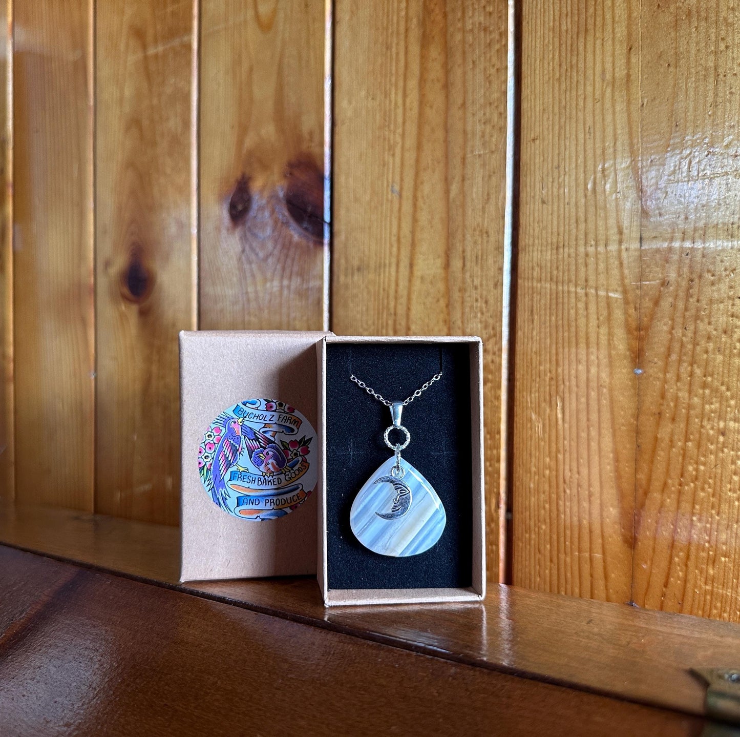 White Banded Agate & Crescent Moon Necklace
