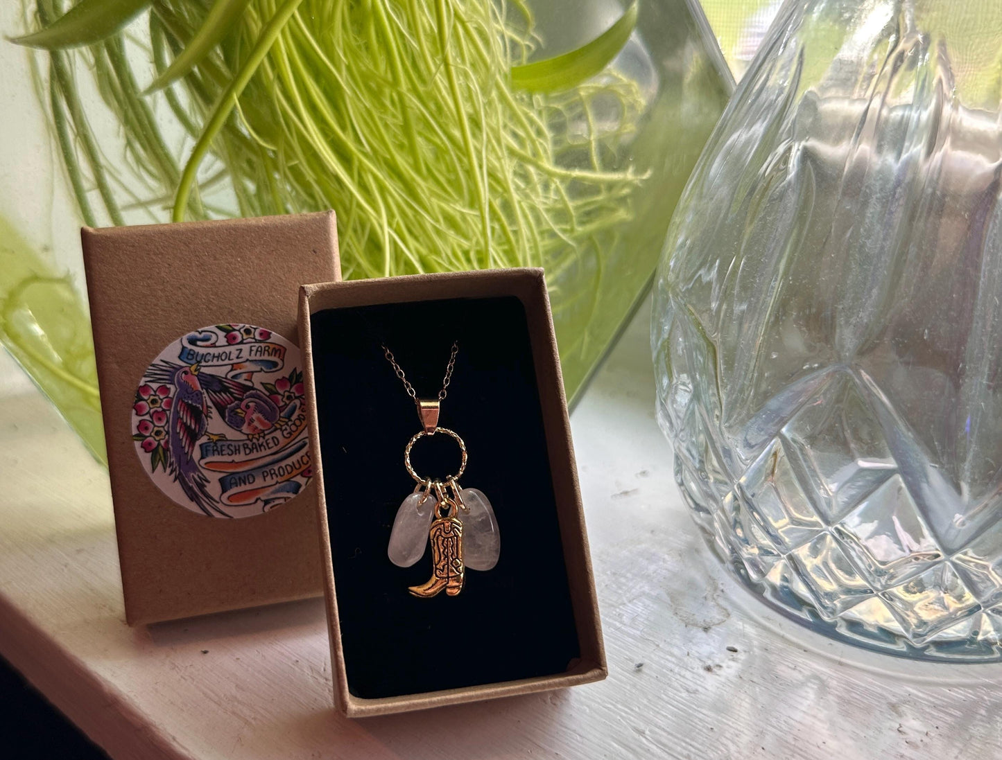 Double Milky Quartz & Golden Cowboy Boot Necklace