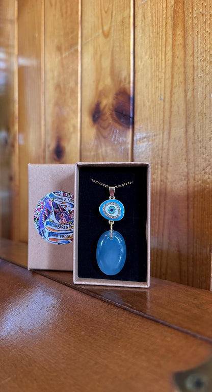 Milky Aquamarine & Evil Eye Necklace