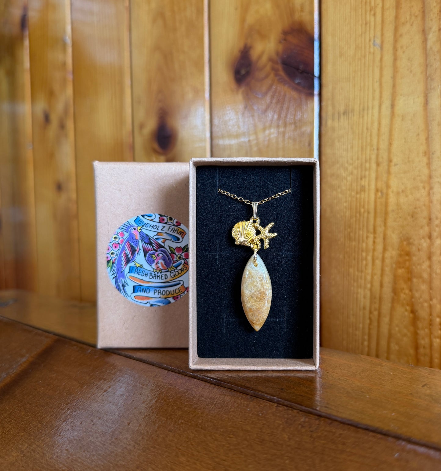 Fossil Coral Cabochon + Shell & Starfish Necklace