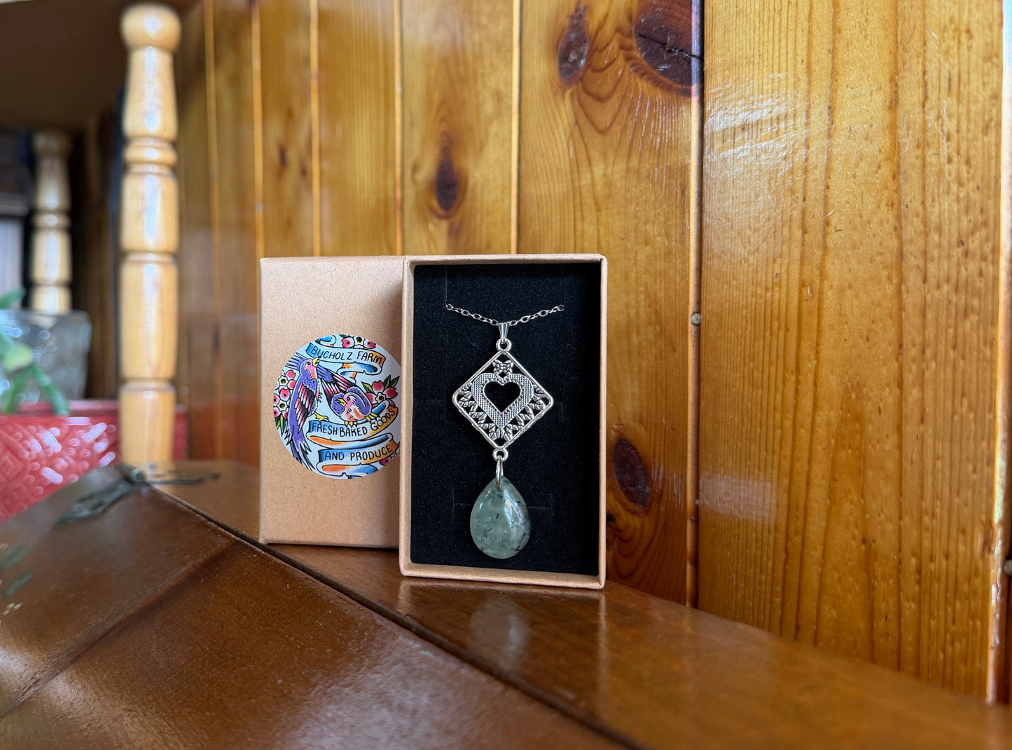 Prehnite & Silver Heart Plate Drop Necklace