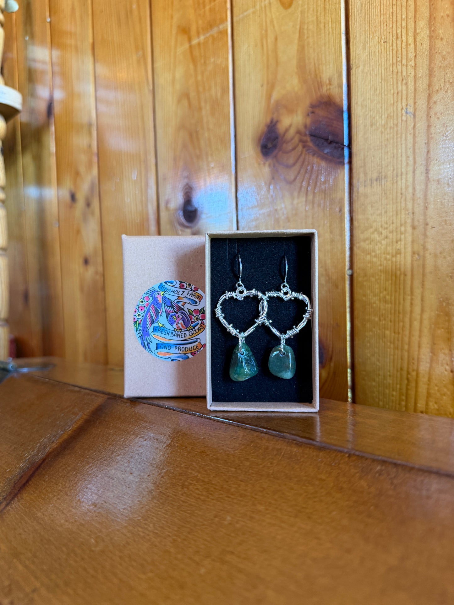 Green Strawberry Quartz Barbed Wire Heart Earrings