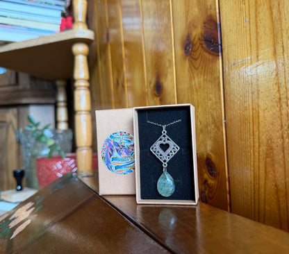 Prehnite & Silver Heart Plate Drop Necklace