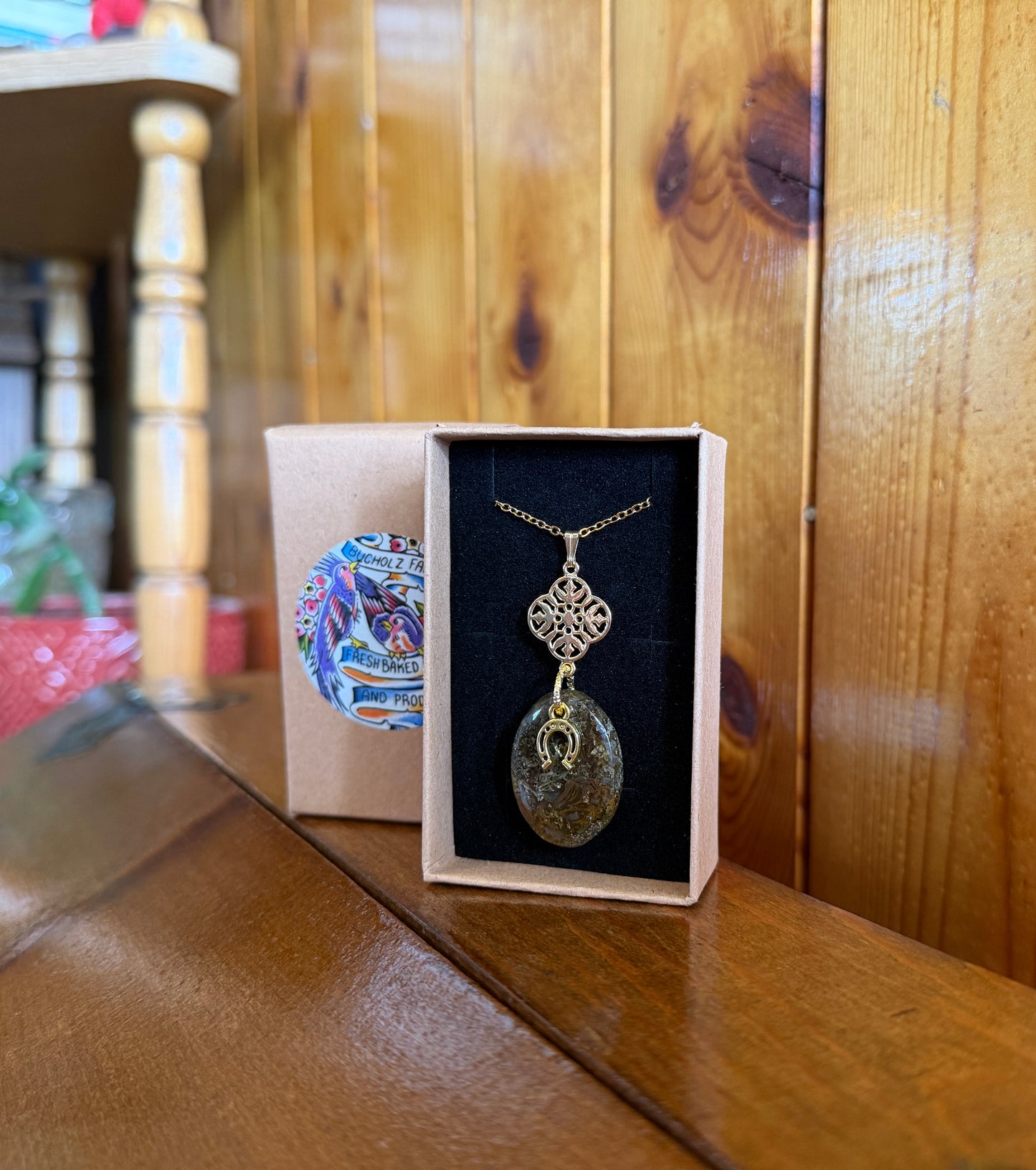 Moss Agate Cabochon & Horseshoe Necklace