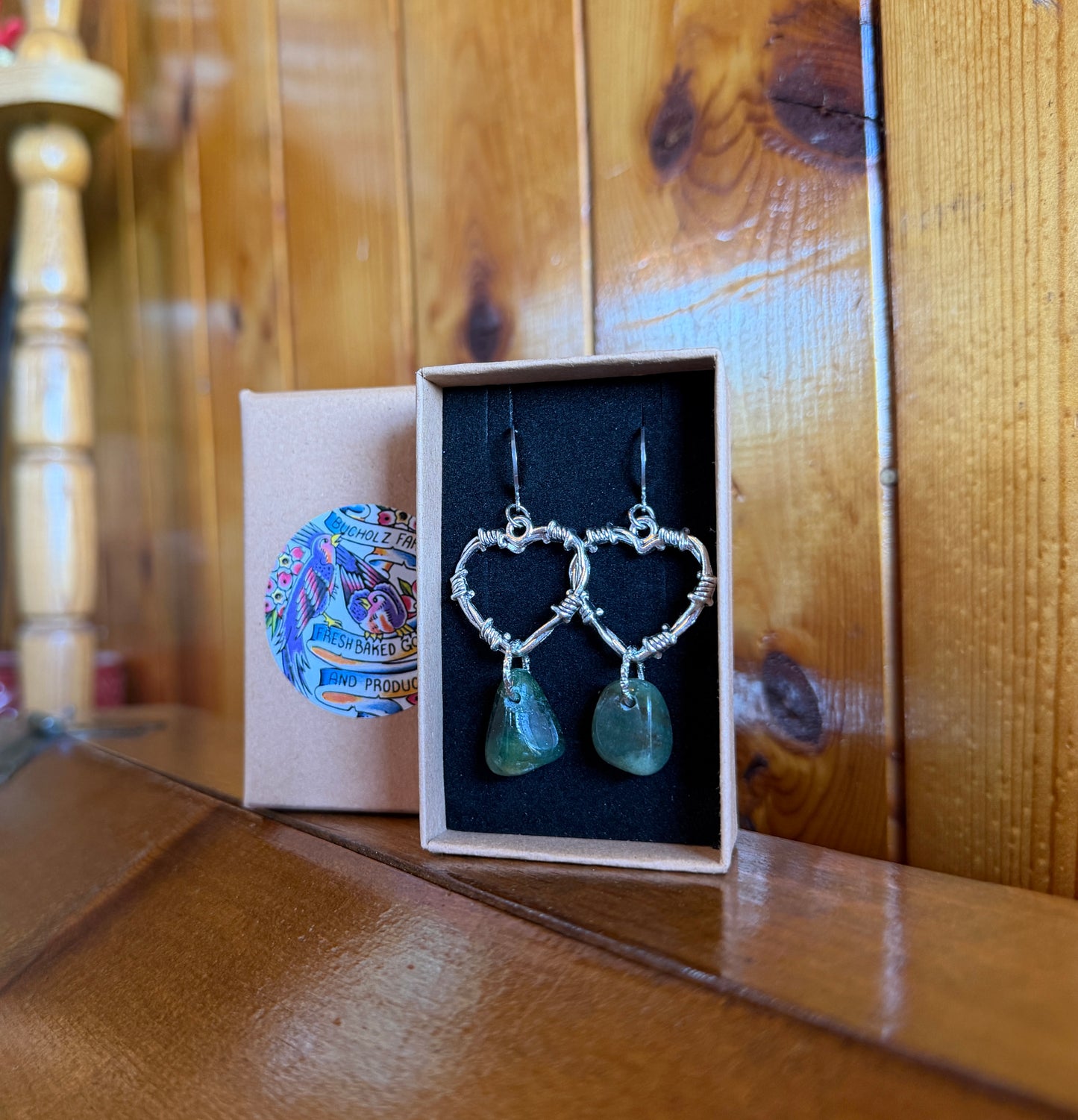 Green Strawberry Quartz Barbed Wire Heart Earrings