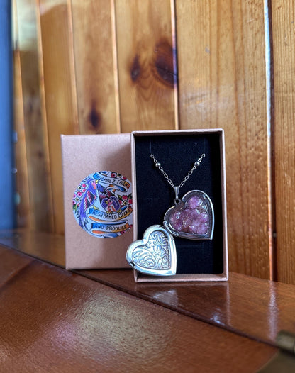 Pink Tourmaline Encased in Floral Heart Locket
