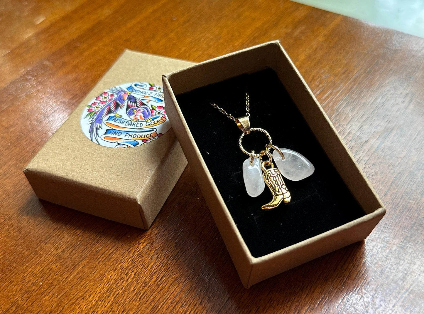 Double Milky Quartz & Golden Cowboy Boot Necklace