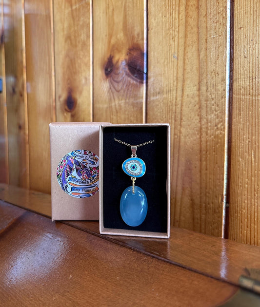Milky Aquamarine & Evil Eye Necklace