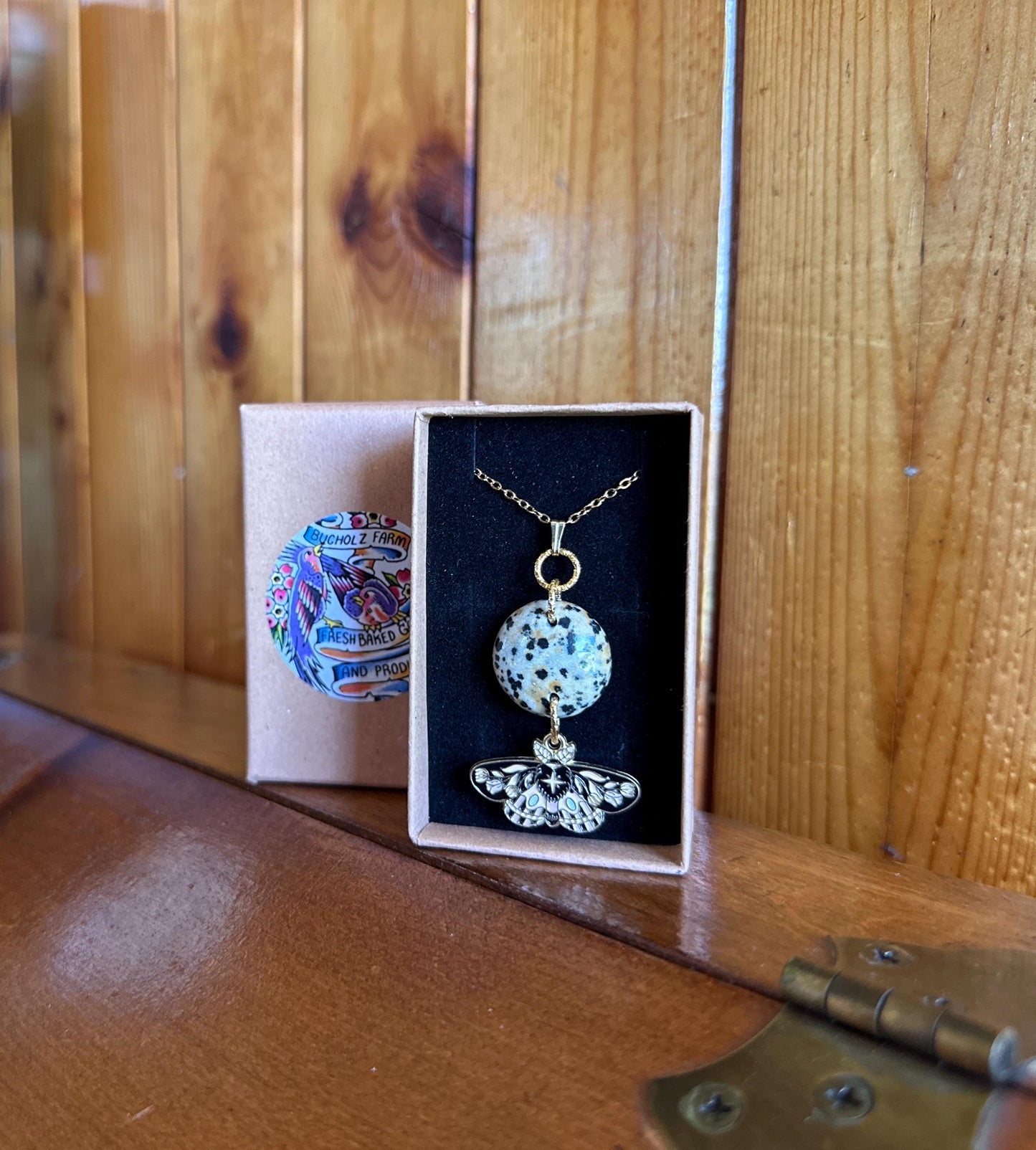 Dalmatian Jasper & Floral Moth Necklace