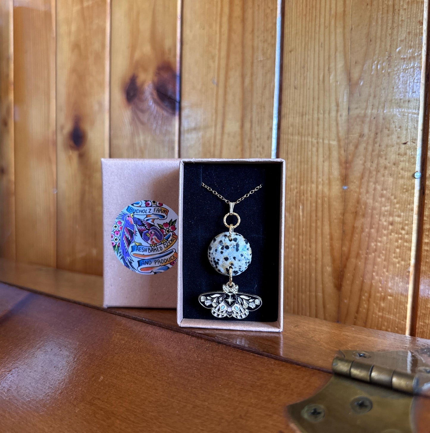 Dalmatian Jasper & Floral Moth Necklace