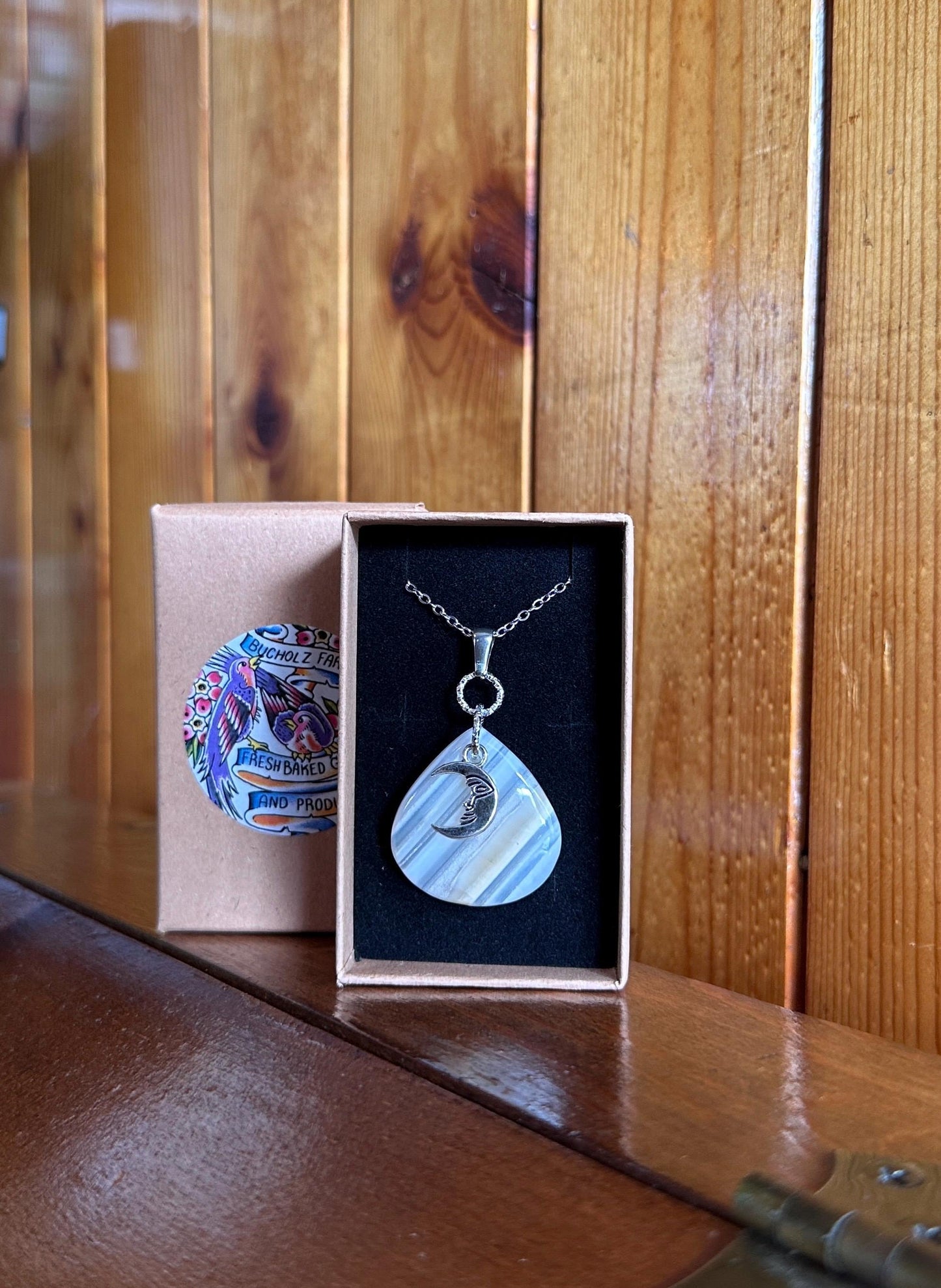 White Banded Agate & Crescent Moon Necklace