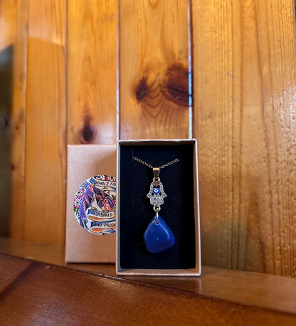Hamsa Hand, Evil Eye Blue Agate Necklace