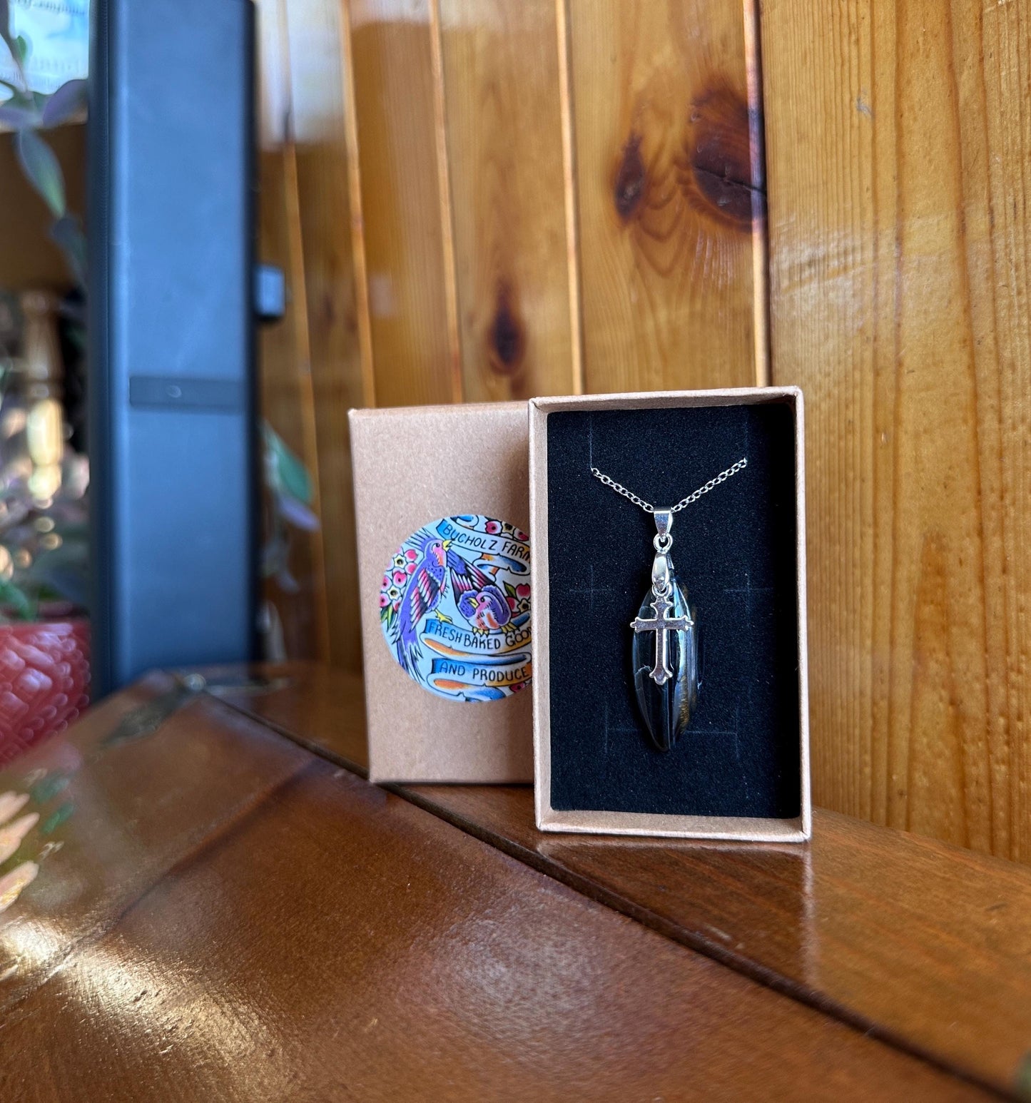 Blue Tigers Eye (Hawkes Eye) & Cross Necklace