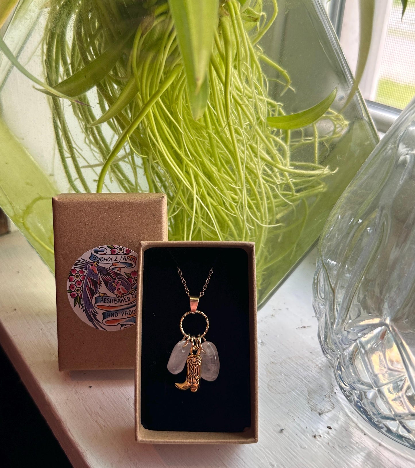 Double Milky Quartz & Golden Cowboy Boot Necklace