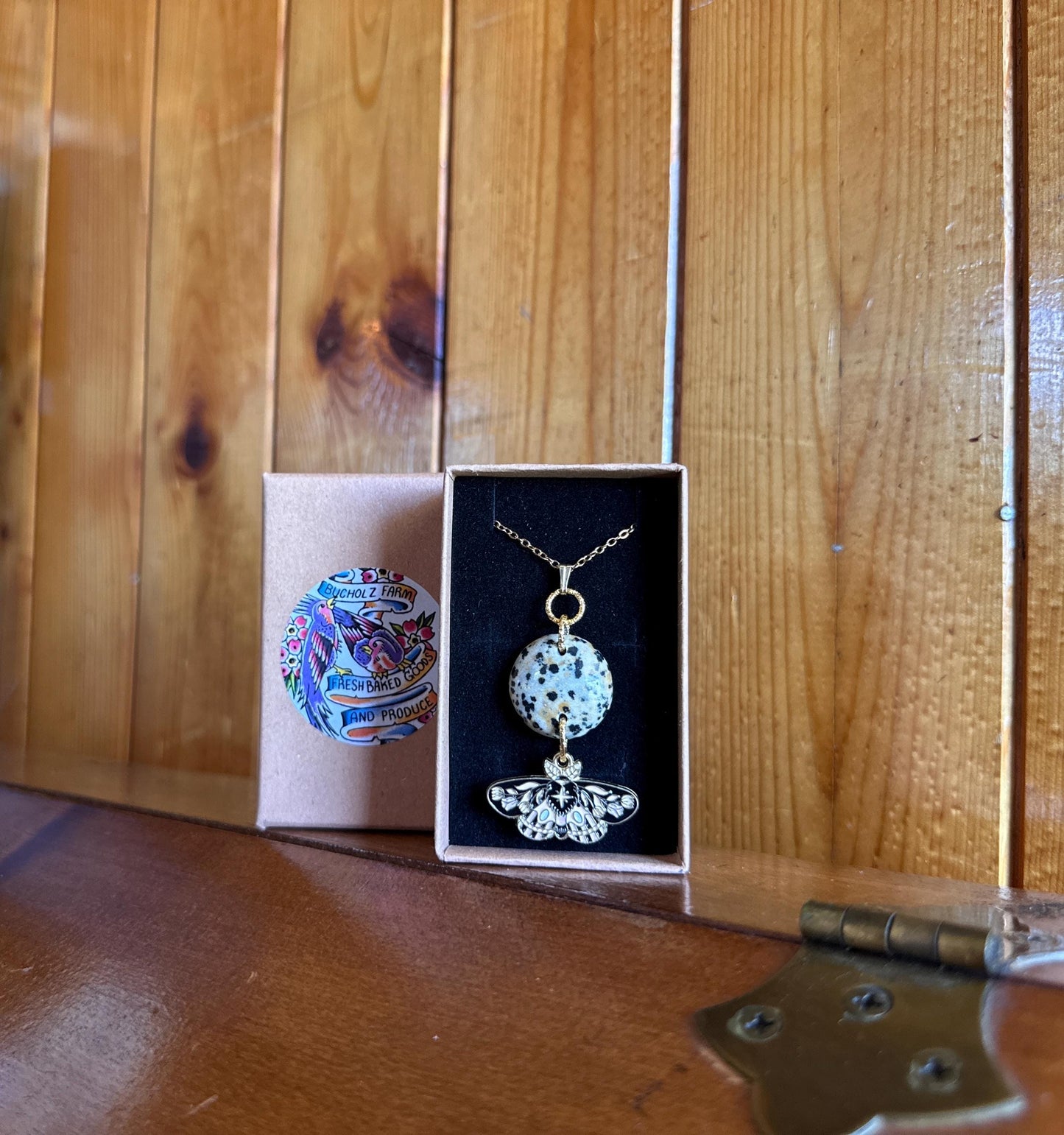 Dalmatian Jasper & Floral Moth Necklace