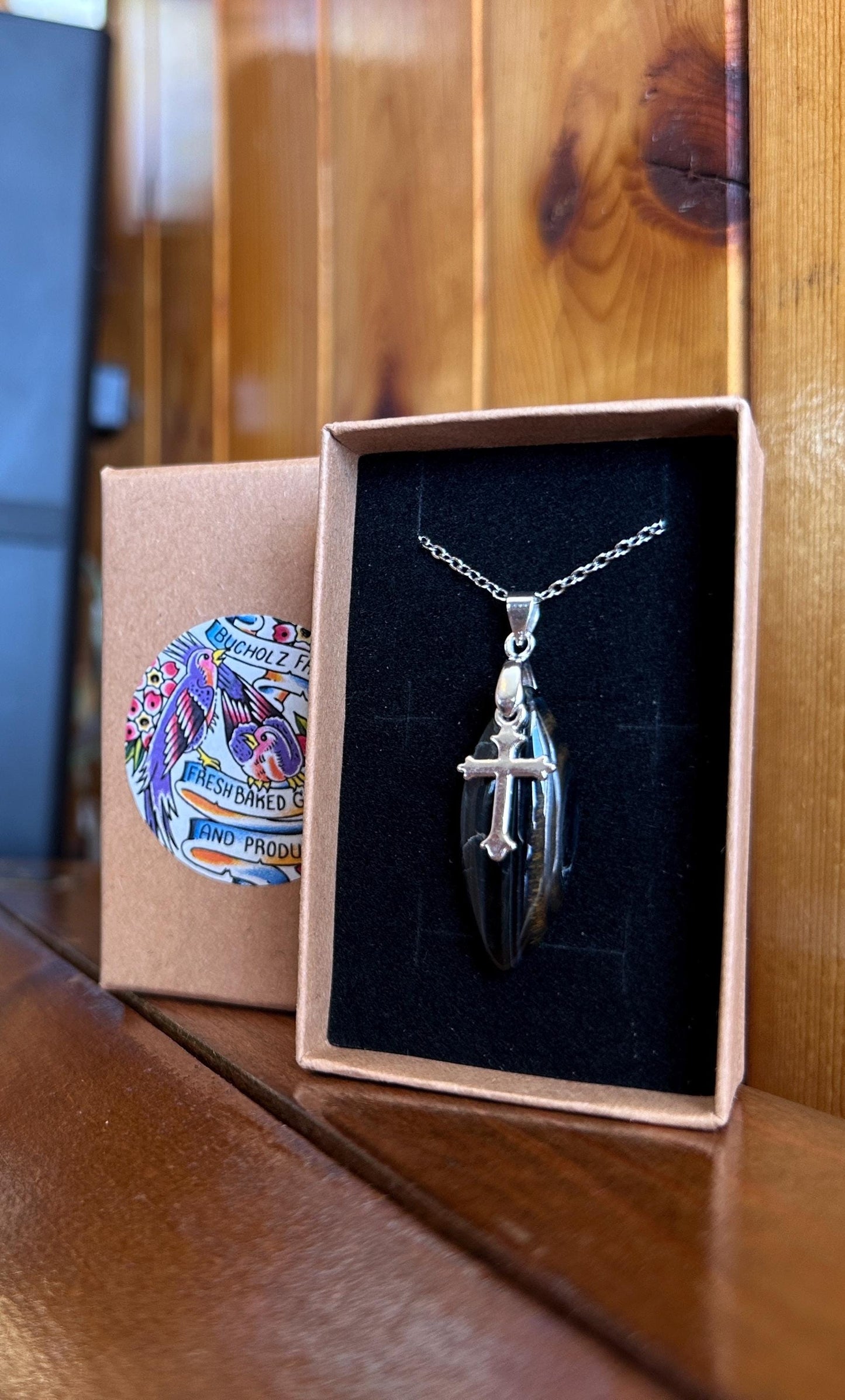 Blue Tigers Eye (Hawkes Eye) & Cross Necklace