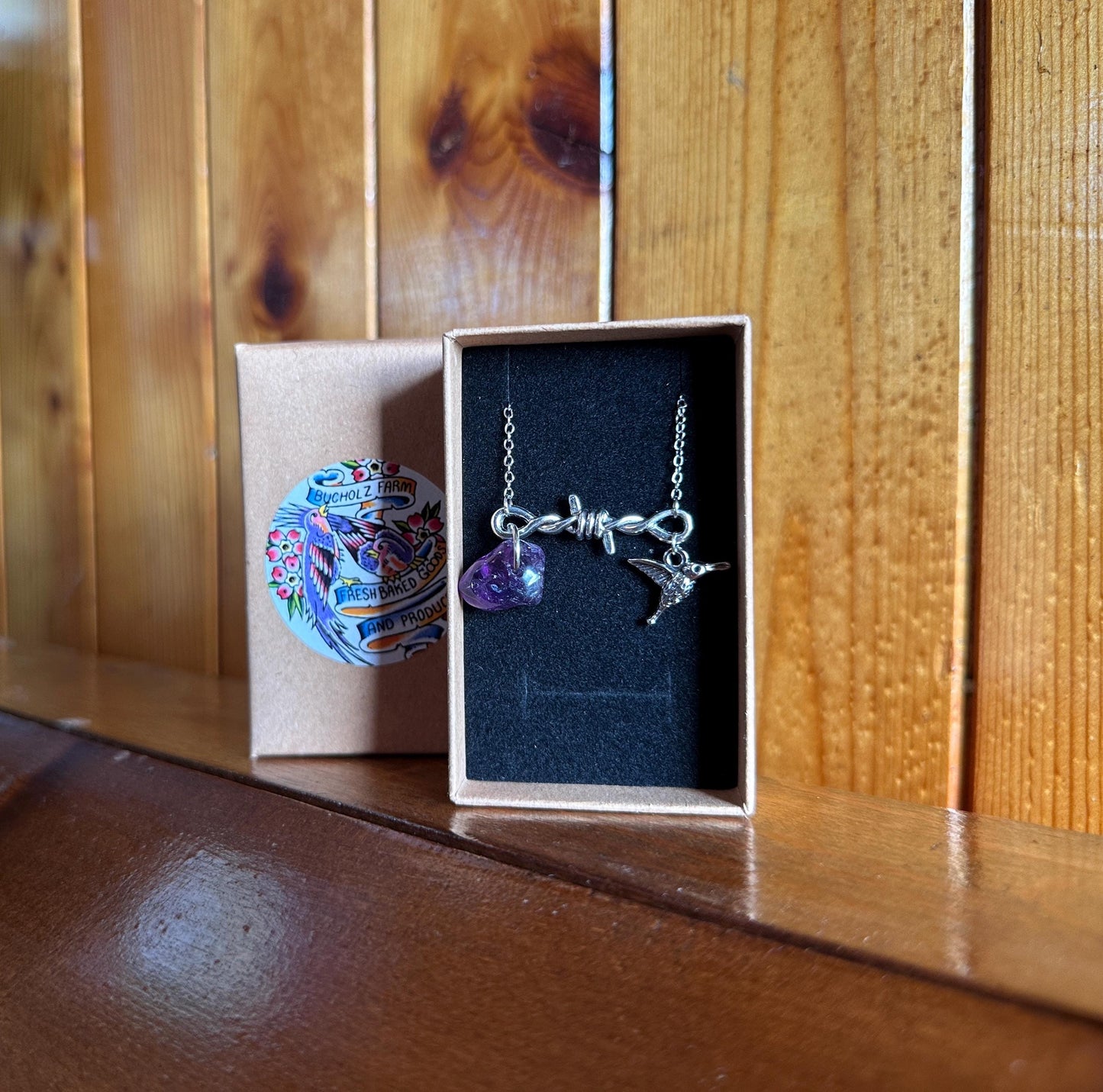 Amethyst, Barbed Wire & Hummingbird Necklace